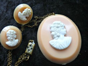 Pale Pink Celluloid Cameo Necklace and Earrings