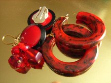 Vintage Bakelite Hoop and Clip on Earrings Red and Black