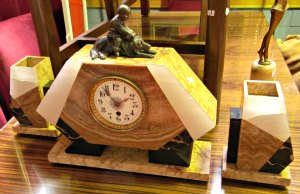 Art Deco Clock with Garniture and Boy Sitting on a Dog