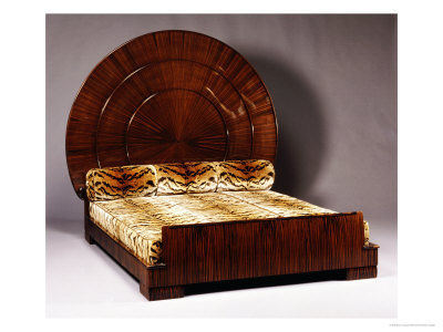 Bed with huge sunburst headboard by Ruhlmann