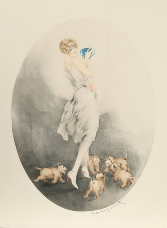 Louis Icart - Mealtime - Girl With Puppies